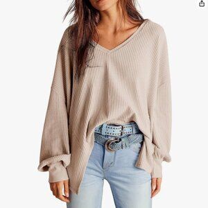 NWT Women's Knit Top Waffle V Neck Oversized T shirt